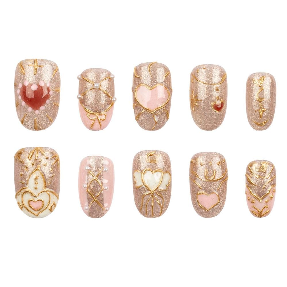 3H Luxury Handmade Press-On Nails Celestial Heart (Pink Small), Reusable Artificial Fake Nails Kit, Salon-Quality Artificial Nails