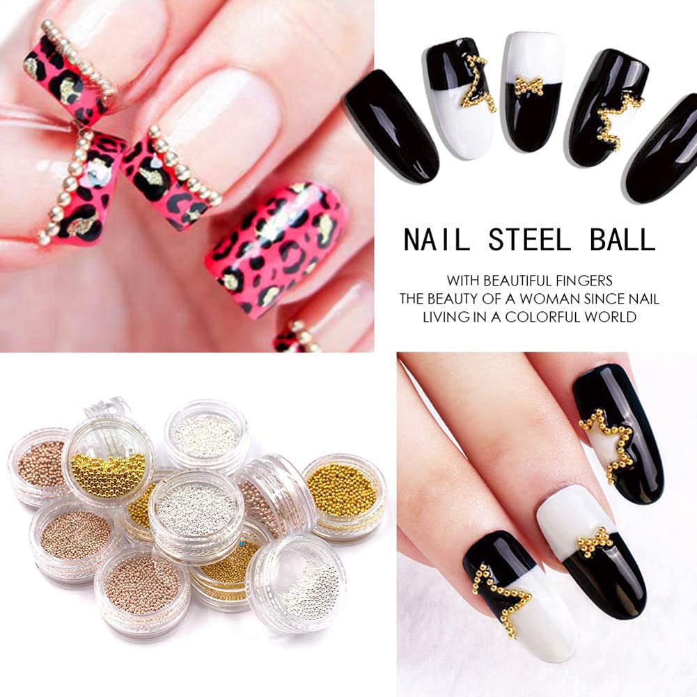 YBW Mesiyun Nail Art Gold Micro Beads Silver Steel Ball Rose Gold Mini Metal Caviar 3D DIY Craft Manicure Decorative Accessories Kit 12 Pots