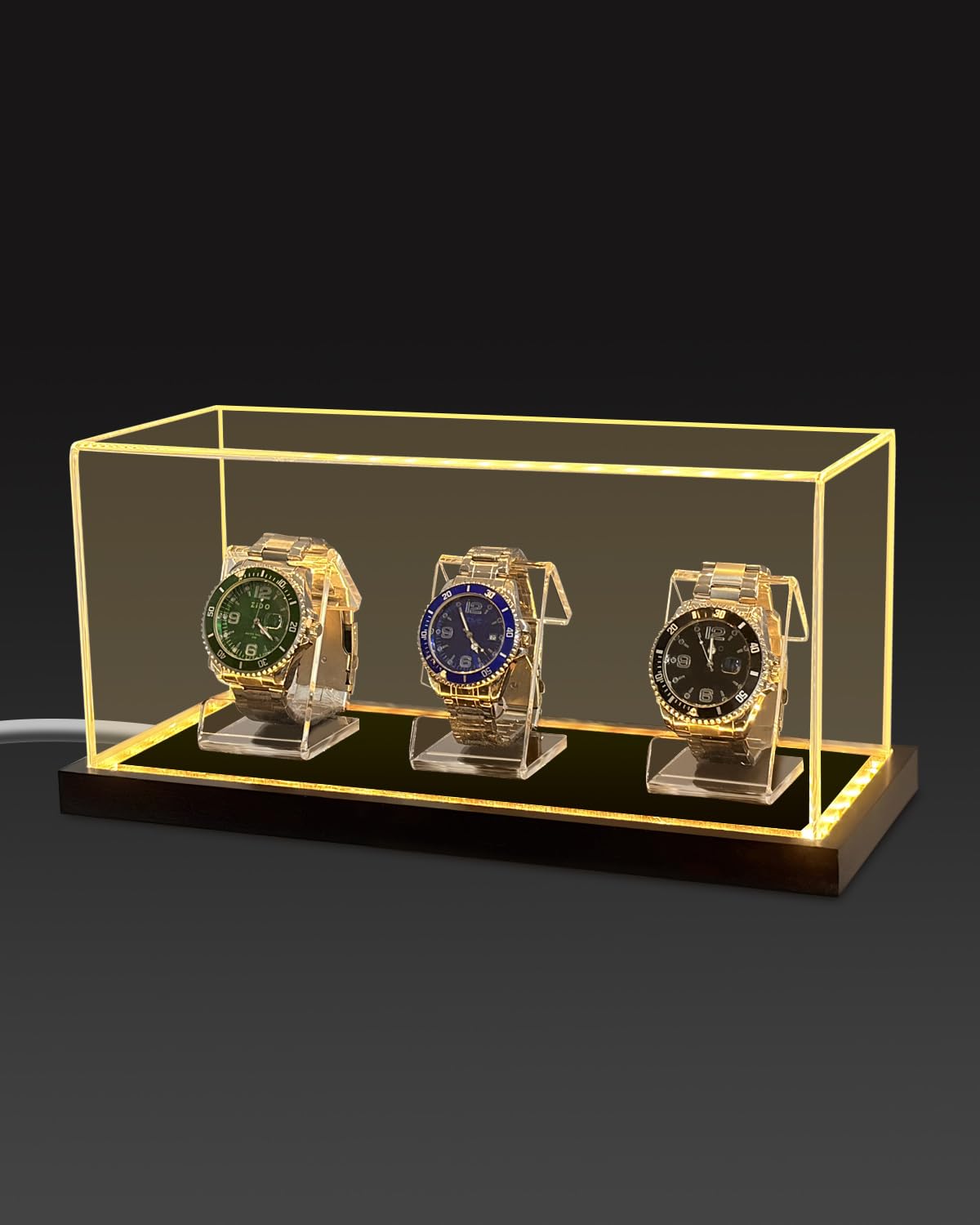 VINJKZQ Acrylic Watch Display Case for 3 Watches, Premium 3mm Thick Dustproof Collector's Box with Solid Wood LED Light Base, USB Powered Watch Holder Organizer Stand