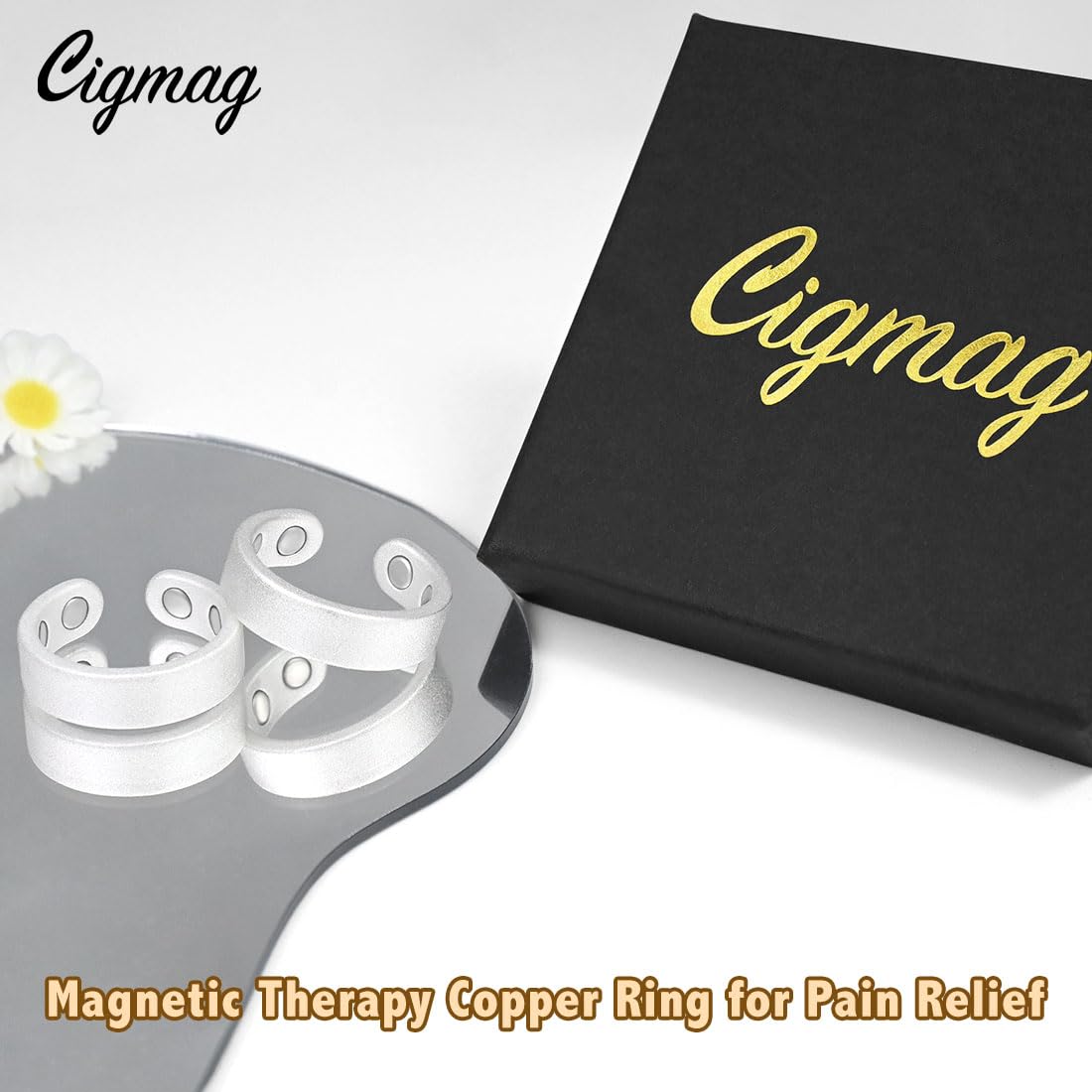 Cigmag 2PCS Copper Rings for Women Men, with Powerful 9X Magnets, Adjustable Solid Pure Copper (Silver Matte)