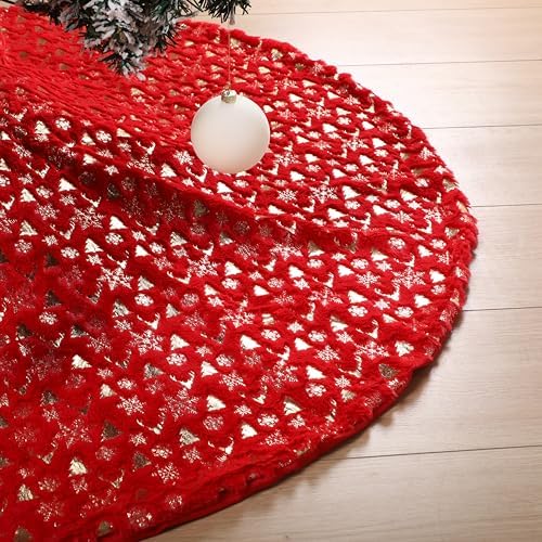 Arrowbash 48 Inch Christmas Tree Skirt Decor, Gold Elk Snowflake, Red