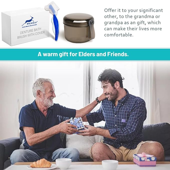 Denture Bath Case Box, Leak Proof Denture Cups for Soaking Full & Partial Dentures, Retainers,Dishwasher safe,with Hard Denture Brush & Denture Toothbrush Cover (Transparent Black)