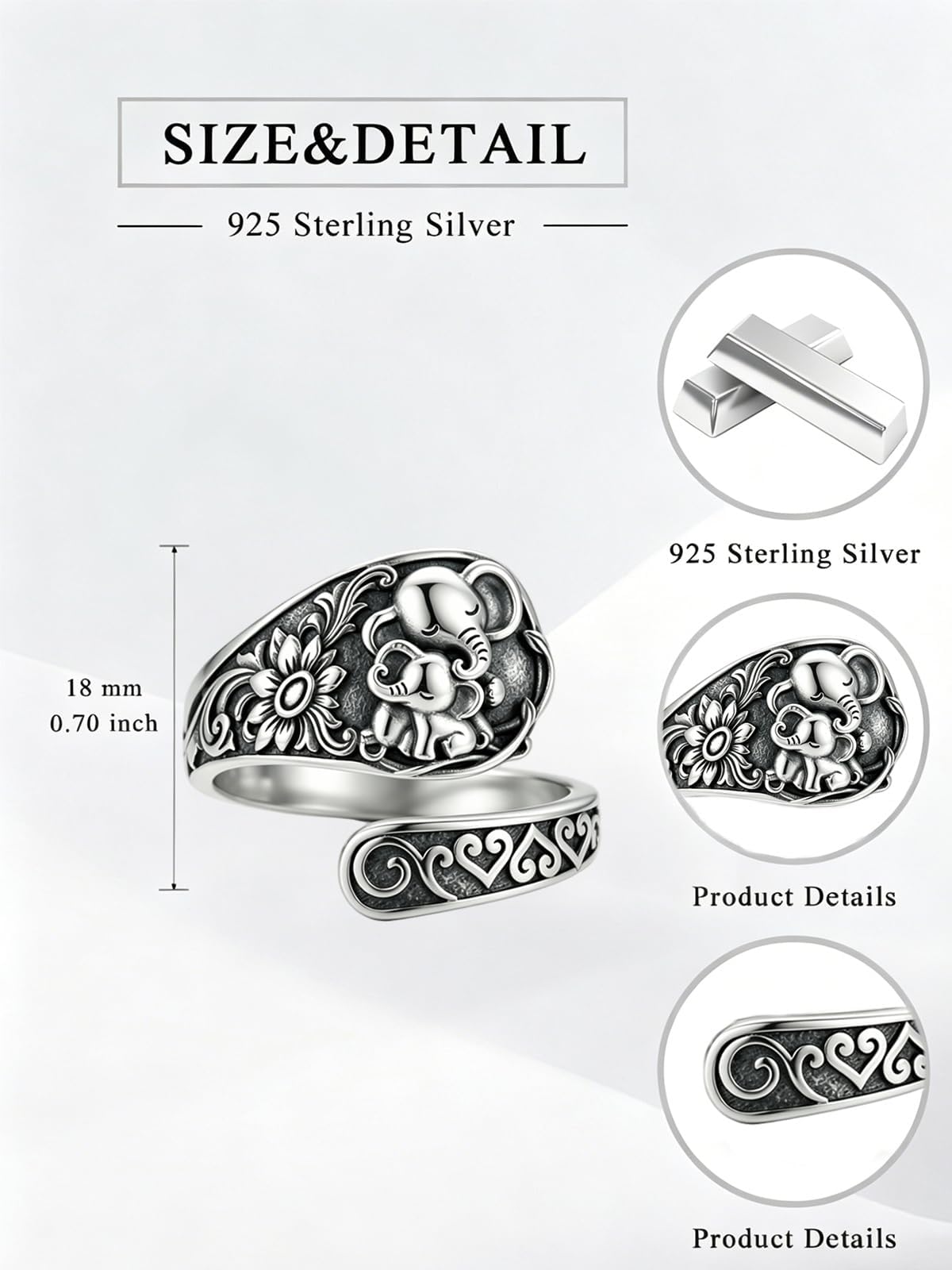 Midari Elephant Ring 925 Sterling Silve Mother Daughter Open Love Spoon Ring Finger Engraved Adjustable Mother Open Spoon Thumb Rings Mom Jewelry for Women Men