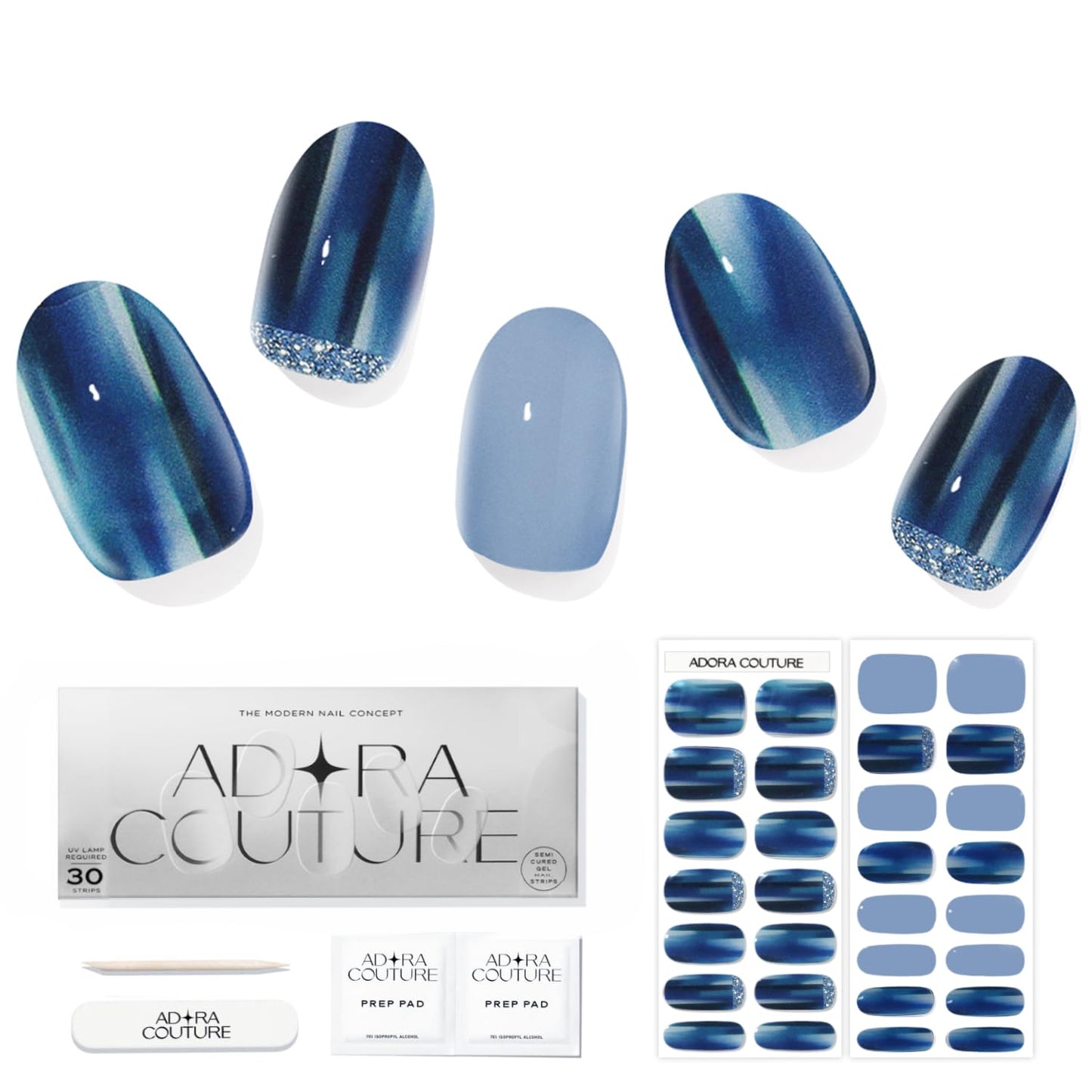 Adora Couture Semi-Cured Gel Nail Strips - 30 Salon-Quality Stickers with UV Light Required, Long Lasting, Easy Application & Removal, Includes Prep Pads, Nail File, Wooden Stick (Blue England)