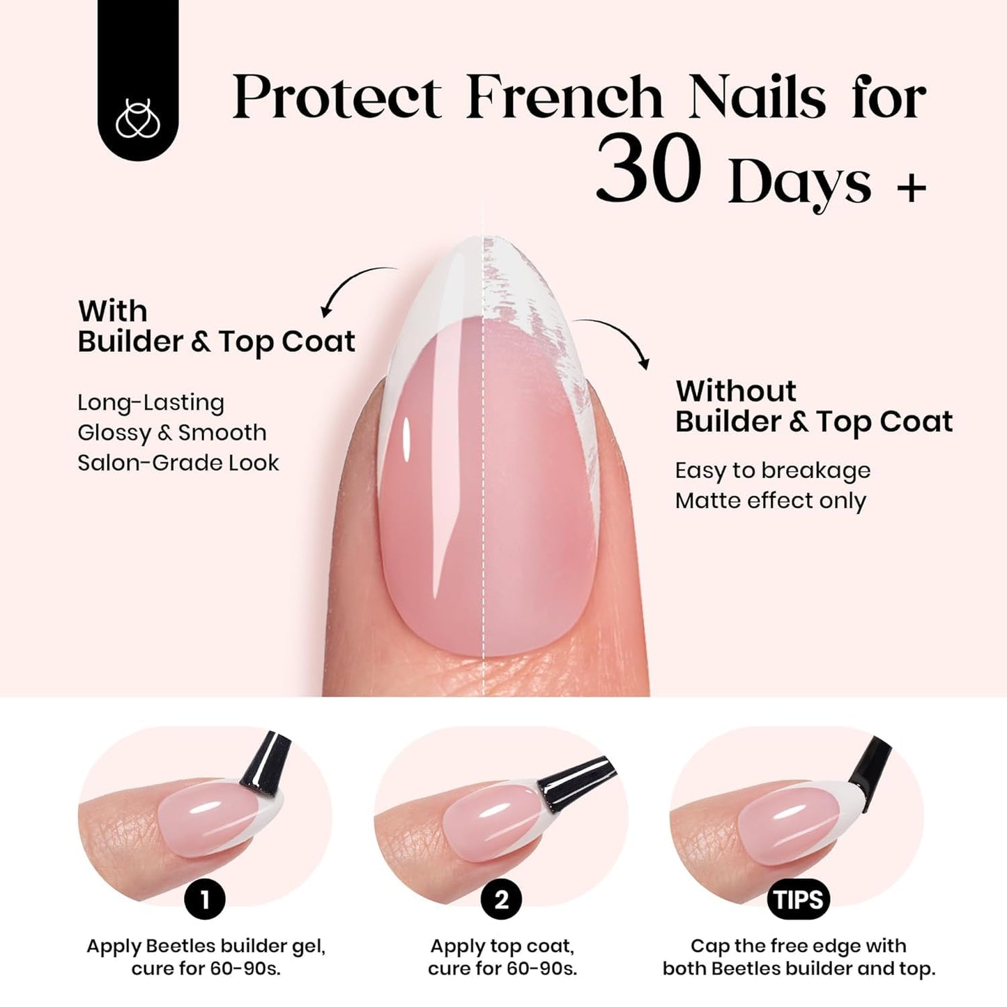 Beetles French Tips Press On Nails: 224 Pcs Pink French Tip Nails Short Almond Fake Nails, Soft Gel Nail Tips False Nails Art DIY For Women,16 Sizes
