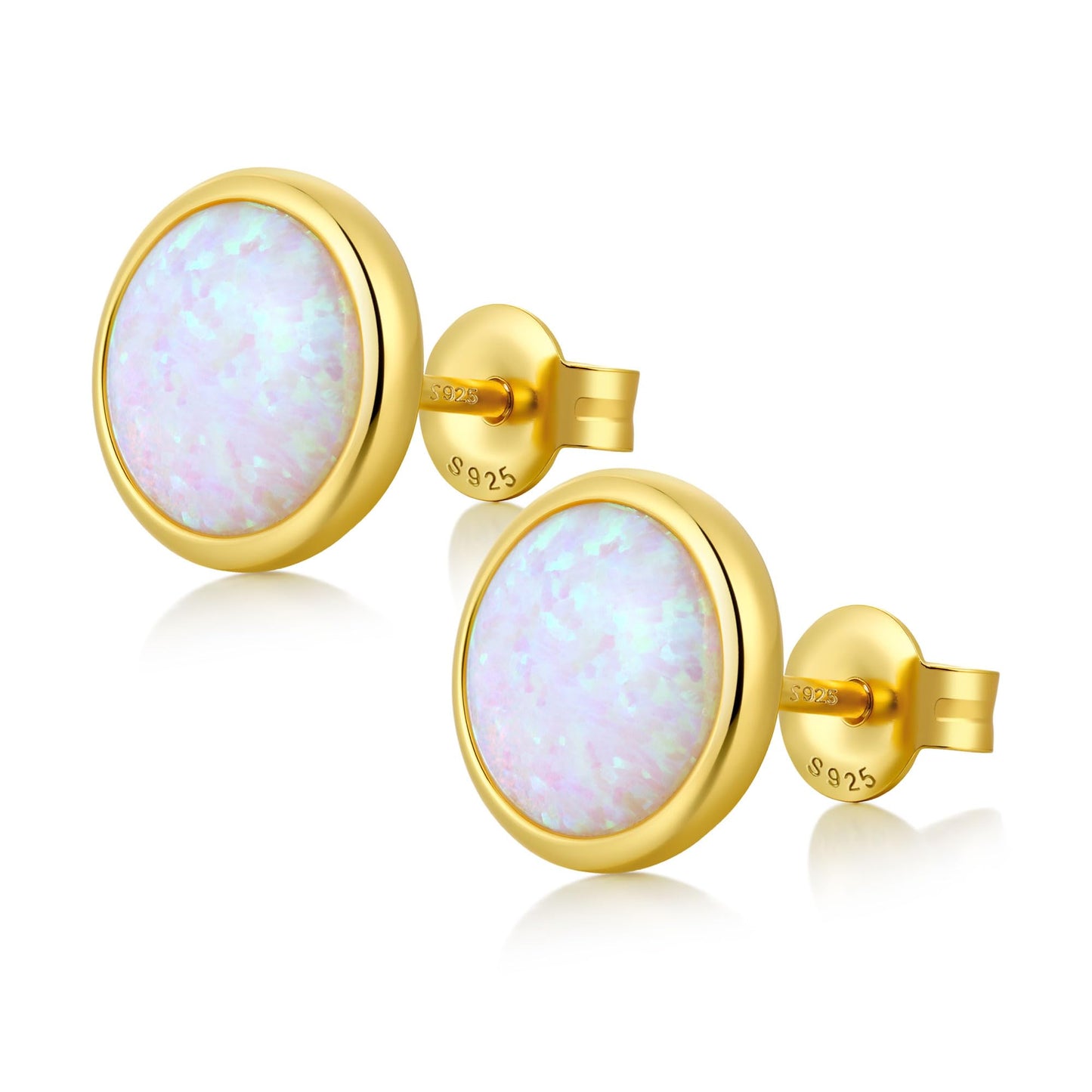 JiayangJY Silver White Fire Opal Stud Earrings for Women 18K Yellow Gold Plated Sterling Silver Round Shape 8mm Opal Earrings with Push Back