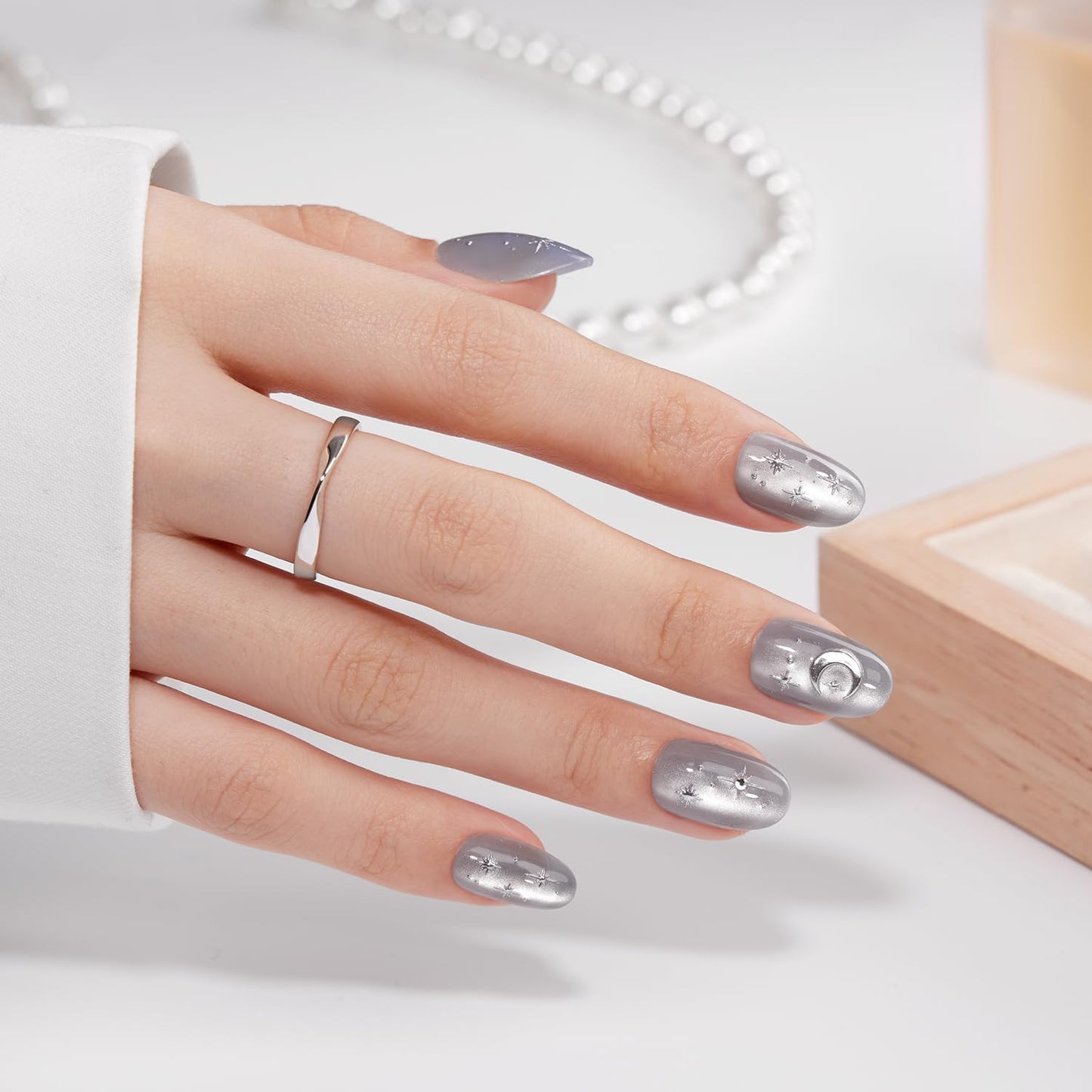 VSALON Oval Short Press on Nails, Silver Gray Star & Moon Summer Celestial Cat Eye Glossy 3D Art Nail Kit & Blue Cat Eye Mini Pack