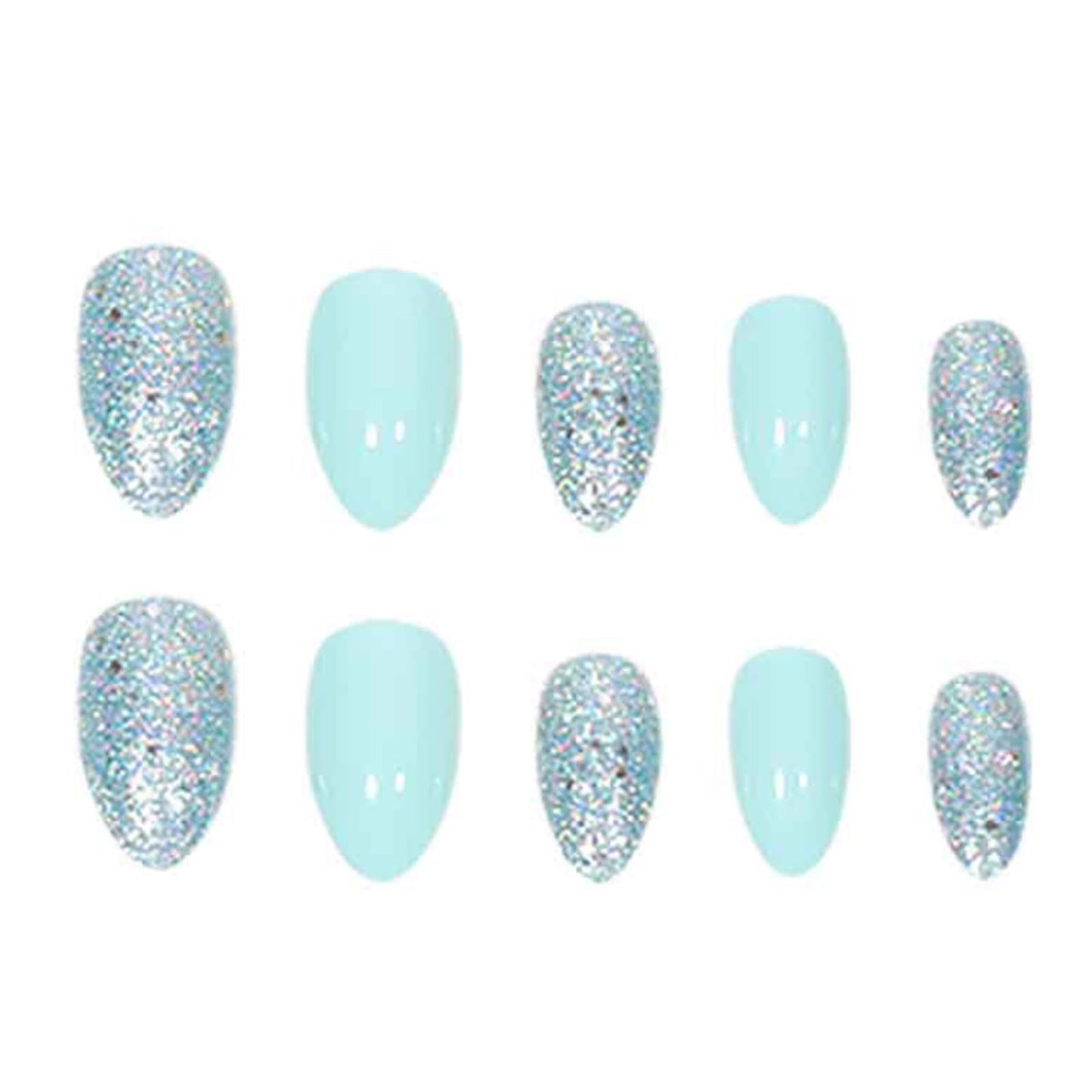 Hkanlre Medium Fake Nails Tips Blue Press on Nails Full Cover Almond False Bling Nails for Women 24PCS