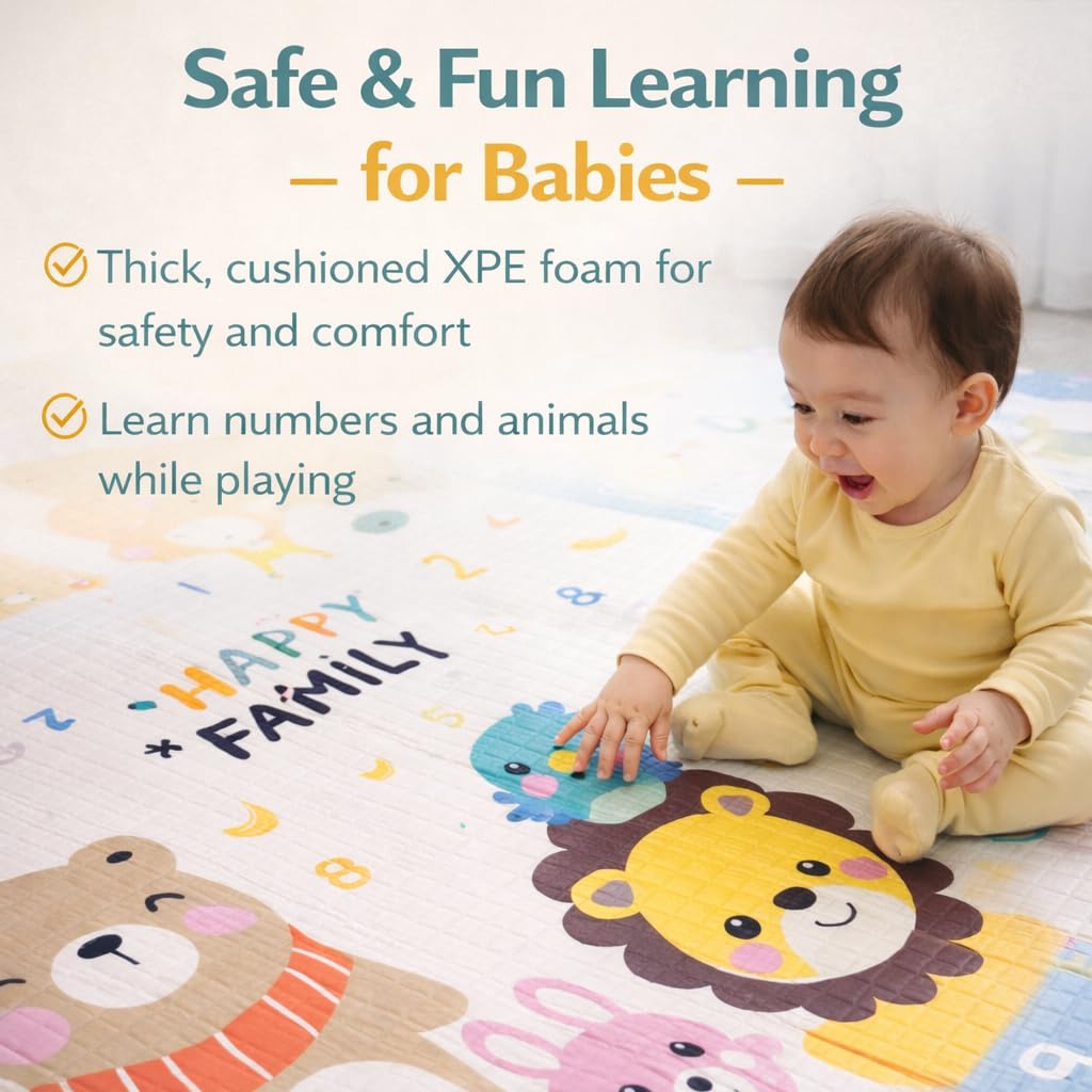 DAN&GO Extra Large Baby Play Mat, Foldable, Double-Sided, Beige, Non-Toxic XPE Material, Portable Activity Floor Mat for Babies 0-12 Months & Kids, Educational Design (Funny, 71 * 79 * 0.4)