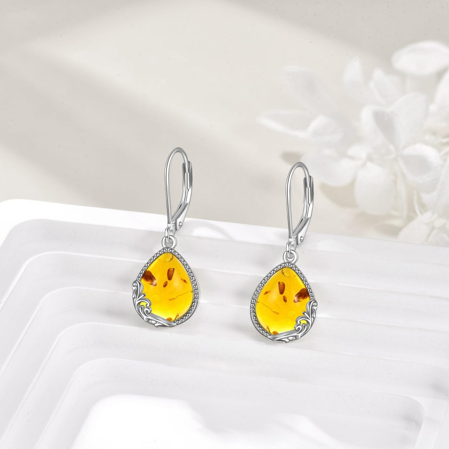 POPLYKE Amber Filigree Teardrop Drop Dangle Earrings Sterling Silver Leverback Earrings Jewelry