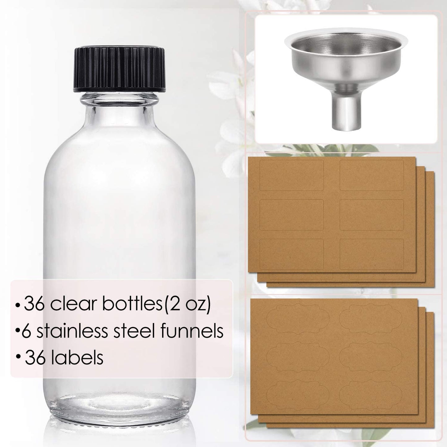 36 Pack, 2 oz Small Clear Glass Bottles w/Lid & 6 Stainless Steel Funnels - 60ml Boston Sample Bottles - Mini Travel Essential or Decorative Bottles for Potion, Juice, Wellness, Ginger Shots, Whiskey