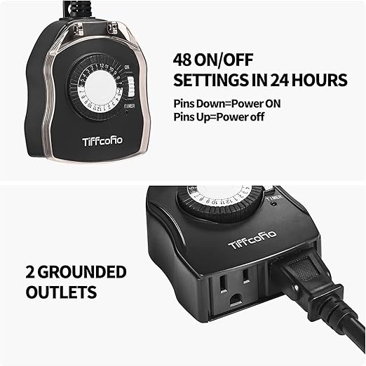 TiFFCOFiO Outdoor Timer Outlet for Lights, 24 Hour Mechanical, Outdoor Light Timer Waterproof, 2 Grounded Outlets for Home and Garden, 15A 1/2HP, Heavy Duty, CSA Listed (2 Pack)