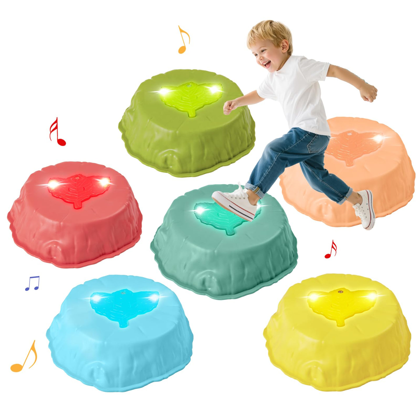 Gleamkid Light Up Stepping Stones for Kids with Music: 6PCS Thicker Double Non-Slip Balance Stepping Stones with Rainbow Spinner, Indoor Outdoor Sensory Toy for Toddlers Ages 3+, Boys & Girls Gifts
