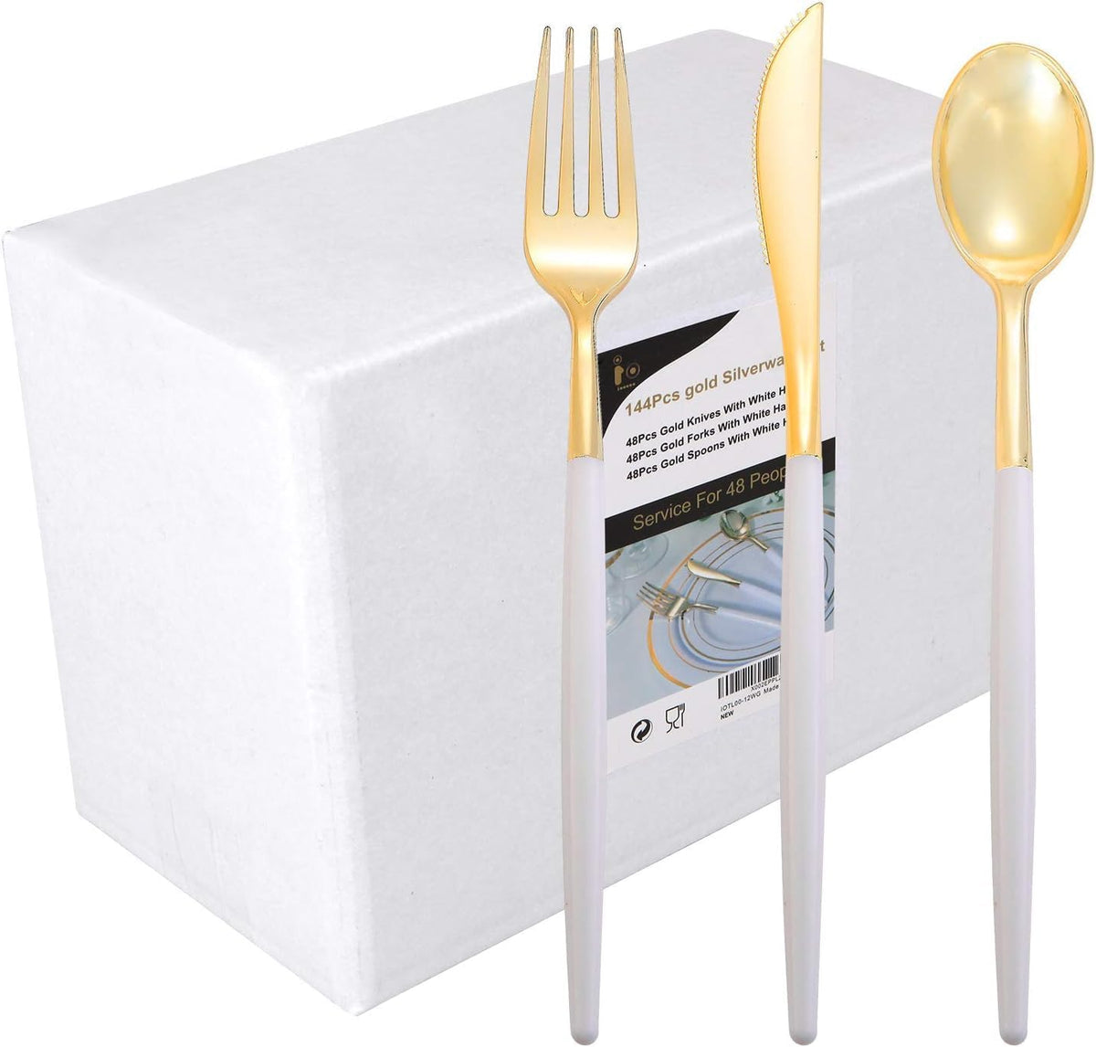 I00000 144Pcs Gold Plastic Silverware, Gold Plastic Utensils Set,Disposable Utensils Heavy Duty,Disposable Silverware Set Includes 48 Forks,48 Knives,48 Spoons for Party & Wedding