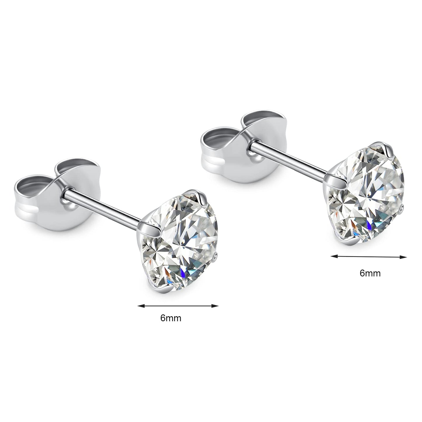1 Pair Implant Grade Titanium Stud Earrings Set Hypoallergenic 3mm 4mm 5mm 6mm Cubic Zirconia G23 Titanium Earring Studs for Women Men for Sensitive Ear (6mm clear)