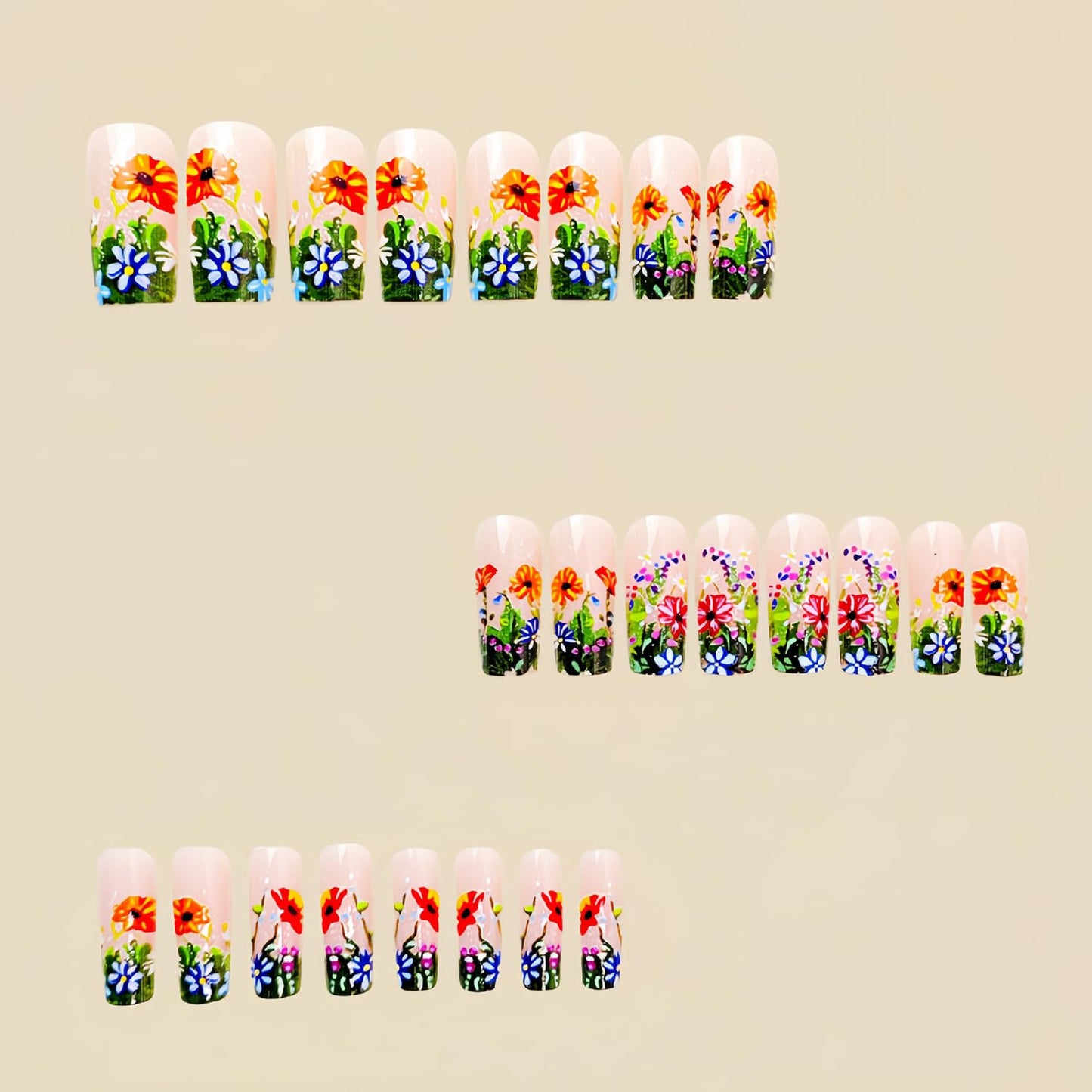 TBRZTR Flower Fake Nails Square Press on Nails Medium Colorful Daisy Pattern Design Spring Flower False Nails Full Cover Artificial Nails Press Nails with Charm Acrylic Glue on Nails for Women