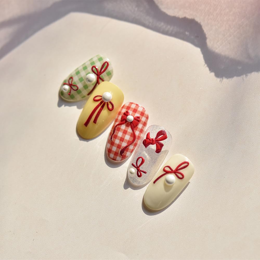 Red Bow Pearls Nail Stickers 5D Embossed – Premium Salon-Quality Nail Charm Accessories, Easy Application & Self-Adhesive Pearled Bows Decal for DIY Manicure, Nail Art, Press on, Home or Salon Use