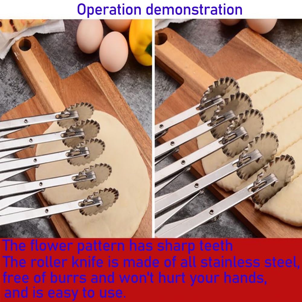 MTOMDY 5-Wheel Pastry Knife,Spaghetti And Noodle Slicer, Stainless Steel Fluted Pasta Crimping Wheel Dough Crimper Cutter Roller Ravioli Maker Tool for Pizza Noodle Cracker(with handle)