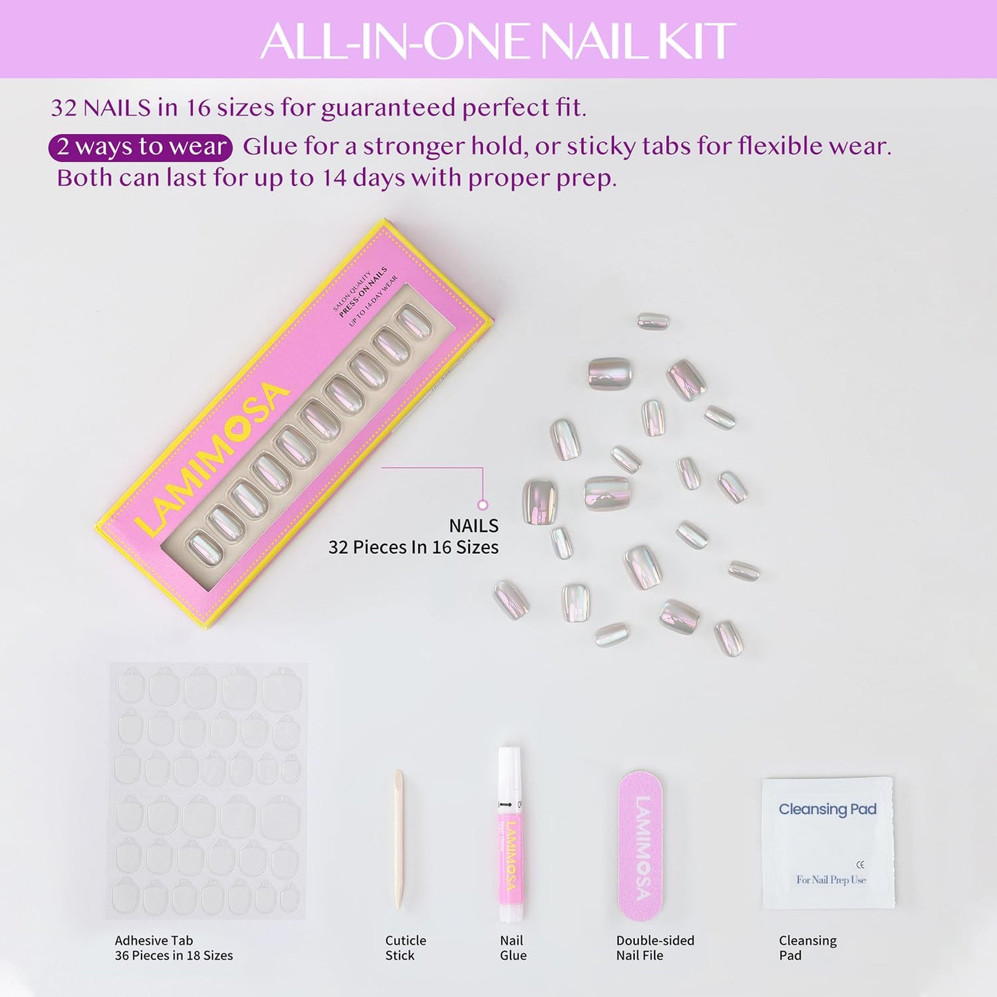 LAMIMOSA 32Pcs Cat Eye Press On Nails Short Square – Soft Gel Fake Nails in 16 Sizes in Glazed Finish, Reusable Glue on Nails Kit, MOON STONE