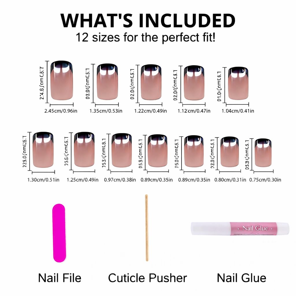 The Beauty Palace Short Square French Tip Press-On Nails - Midnight – Glazed Sheer Nude with Black Tips, Glossy Finish, 24-Piece Set