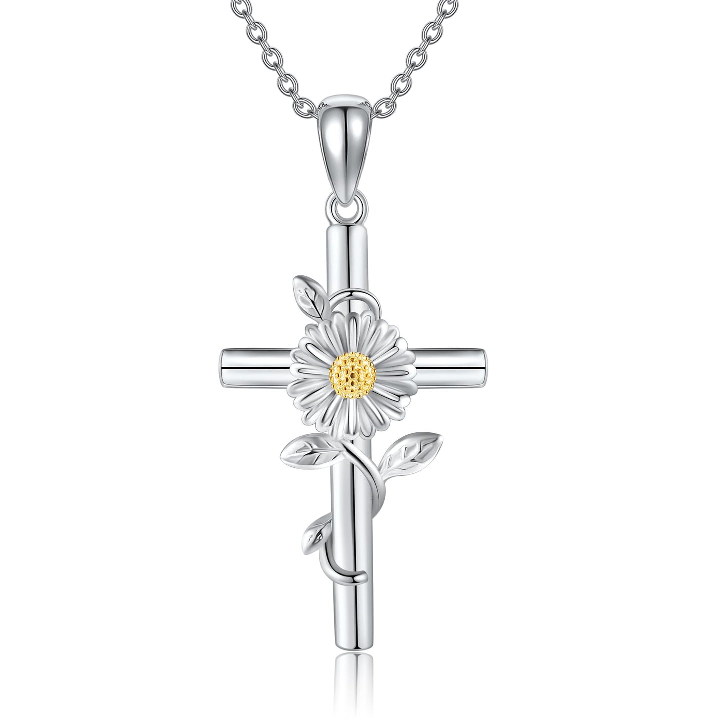 JERWLI Daisy Necklace 925 Sterling Silver Daisy Cross Pendant Necklace April Birth Flower Jewelry for Women