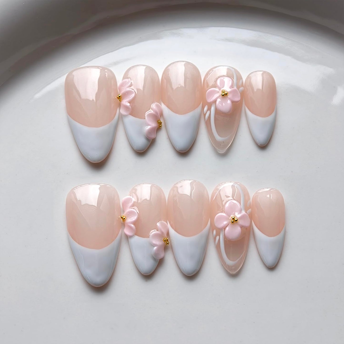 French Tip Press on Nails Handmade Medium Almond 3D Thick Acrylic Nails White False Nails with Flower Gold Ball Designs Elegant Glossy Fake Nail Sturdy Art Press on Nail 10Pcs(M)