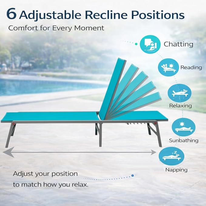 Kozyard 2-Pack Outdoor Lounge Chairs, Foldable Aluminum Frame Patio Chaise Lounge with 5-Position Adjustable Backrest, No Assembly, Breathable Textilene Fabric for Poolside Beach (Aqua, No Table)