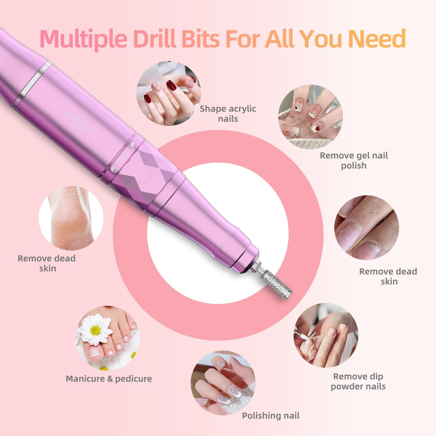 Electric Nail Files, 45000 RPM Professional Nail Drill for Acrylic Nails Gel, Adjustable Speed E File for Nails, Cordless Rechargeable Nail Drill Kit for Manicure Salon Home(Pink,Gift Box)