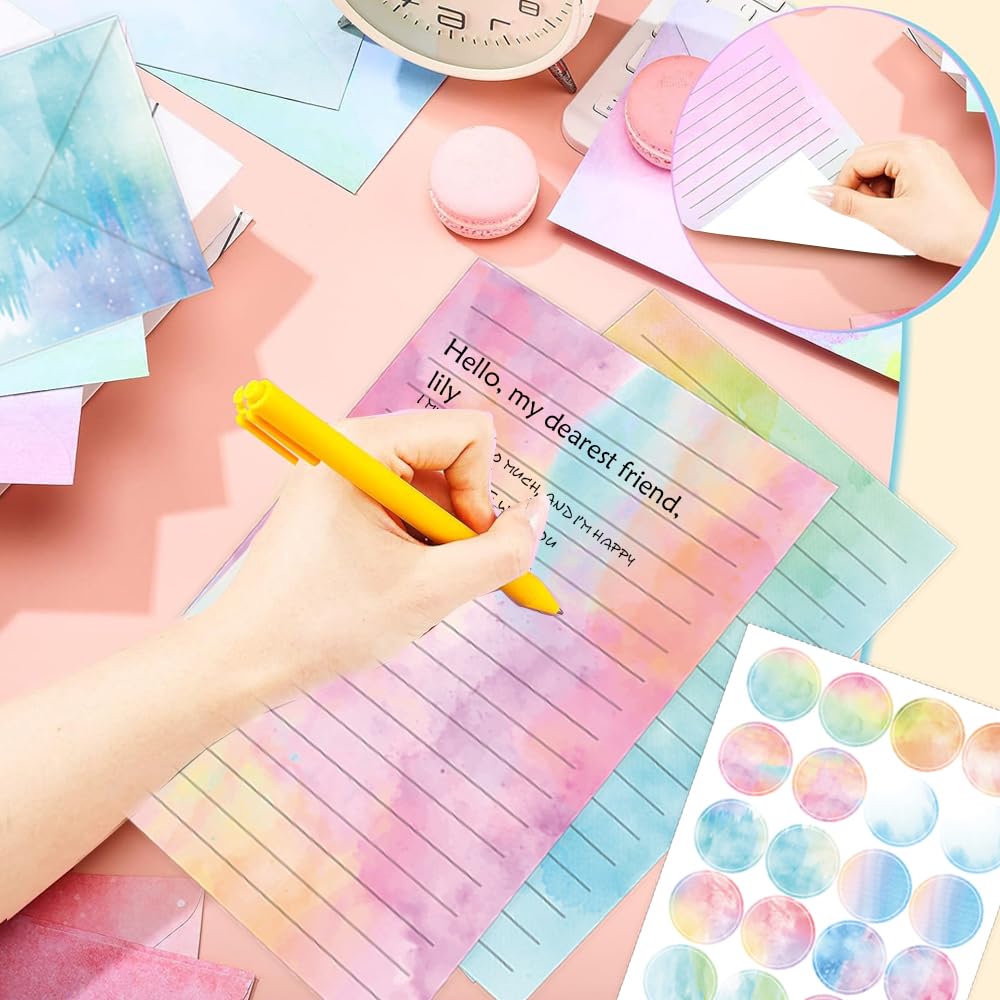 AUSTARK 160 Pieces Stationery Set (50 Pieces Lined Stationery Paper 8.25 x 5.5 Inch, 50 Pieces Envelopes, 60 Sealed Stickers) for Letter Writing (Watercolor)