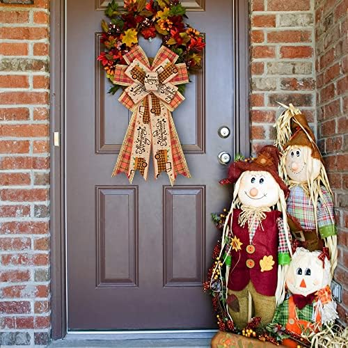 Large Fall Bows for Wreath, Thanksgiving Truck Harvest Wreath Bows Orange Buffalo Plaid Bows for Front Door, Farmhouse Ornament Burlap Tree Topper Bows for Fall Indoor Outdoor Decoration