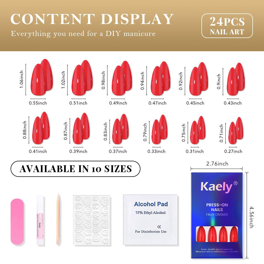 evpct Bright Red Medium Almond Glossy Press on Nails for Women Gift, Glossy Bright Red Fake Nail with Kits Manicure Kit, Soft Gel Full Cover Reusable Stick on Soft Acrylic False Nails Perfectly Fit