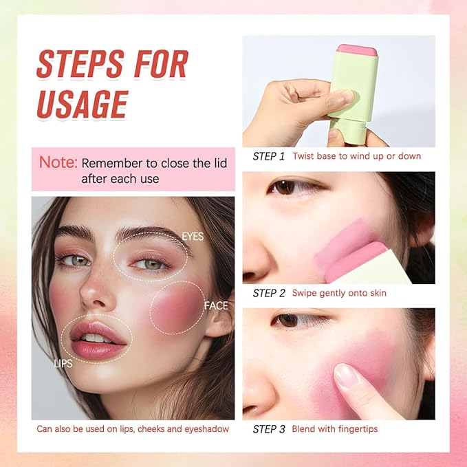 Blush pH Tinted Moisture Stick, Multi-Use Cream Blush Stick, Natural Nude Makeup for Cheeks, Eyes and Lips, Waterproof Natural Nude Makeup, Suitable for All Skin (2# Hot Red)