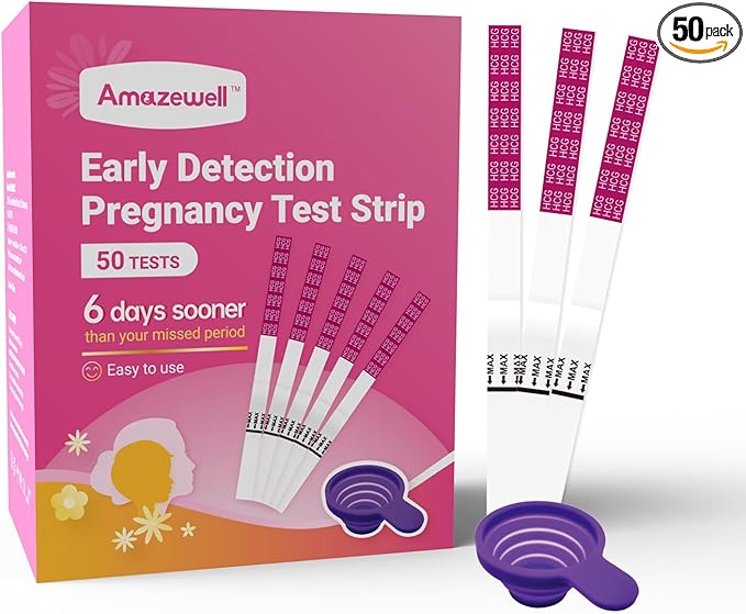 50 Count Pregnancy Tests with Cup,Pregnancy Test Strips for Home Detection, Over 99% Accuracy, Individually Wrapped, 5mm Width HCG Test Kit, Fertility Value Pack, Prueba de embaraz