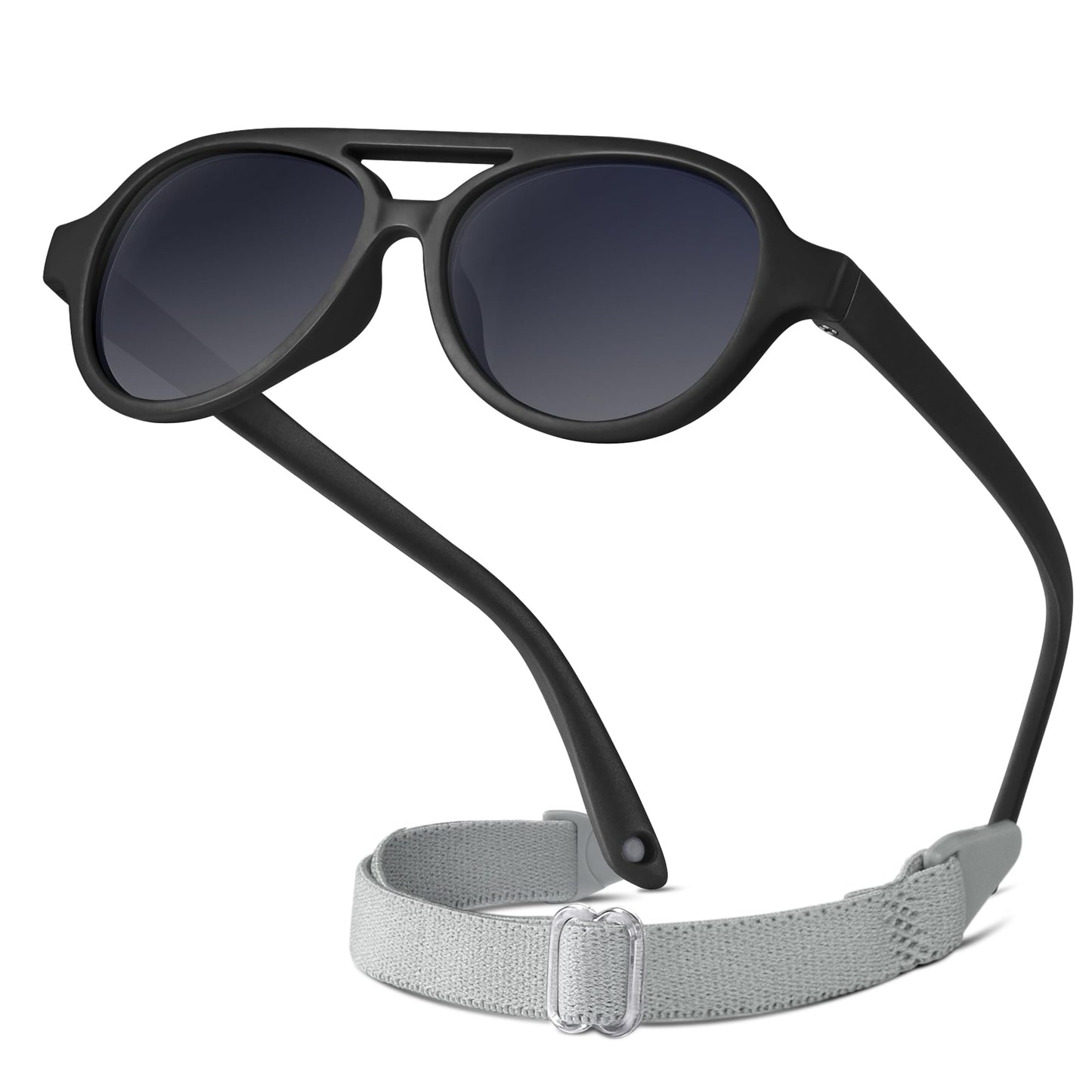 RIVBOS Baby Aviator Wrap Polarized UV400 Sunglasses - Soft Frame with Secure Strap for Toddler,Infant and Newborn (0-18 Months) Black&Grey Lens RBK068