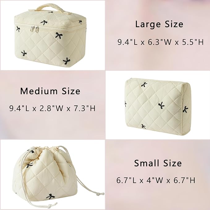 3Pcs Aesthetic Cotton Quilted Drawstring Makeup Bag Set, Aesthetic Cute Bow Makeup Pouch for Girls and Women, Aesthetic Travel Organized Cosmetic Bags for Purse(04Beige Bow)