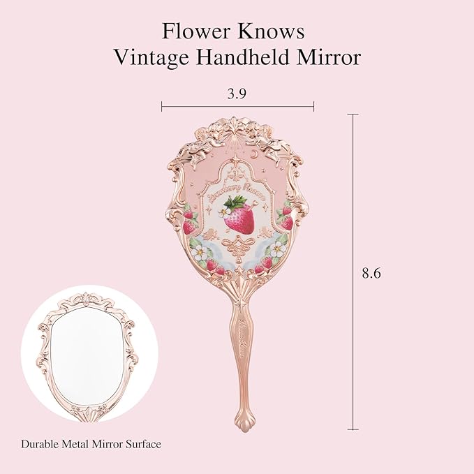 Flower Knows Strawberry Rococo Hand Mirror,Vintage Portable Handheld Mirror,Fancy & Pretty Princess Mirror with Long Handle,Gift for Girls(Soft Pink)