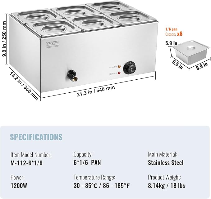 VEVOR 6-Pan Commercial Food Warmer, 14.3QT Electric Steam Table, 1200W Professional Countertop Stainless Steel Buffet Bain Marie with 86-185°F Temp Control for Catering and Restaurants, Silver