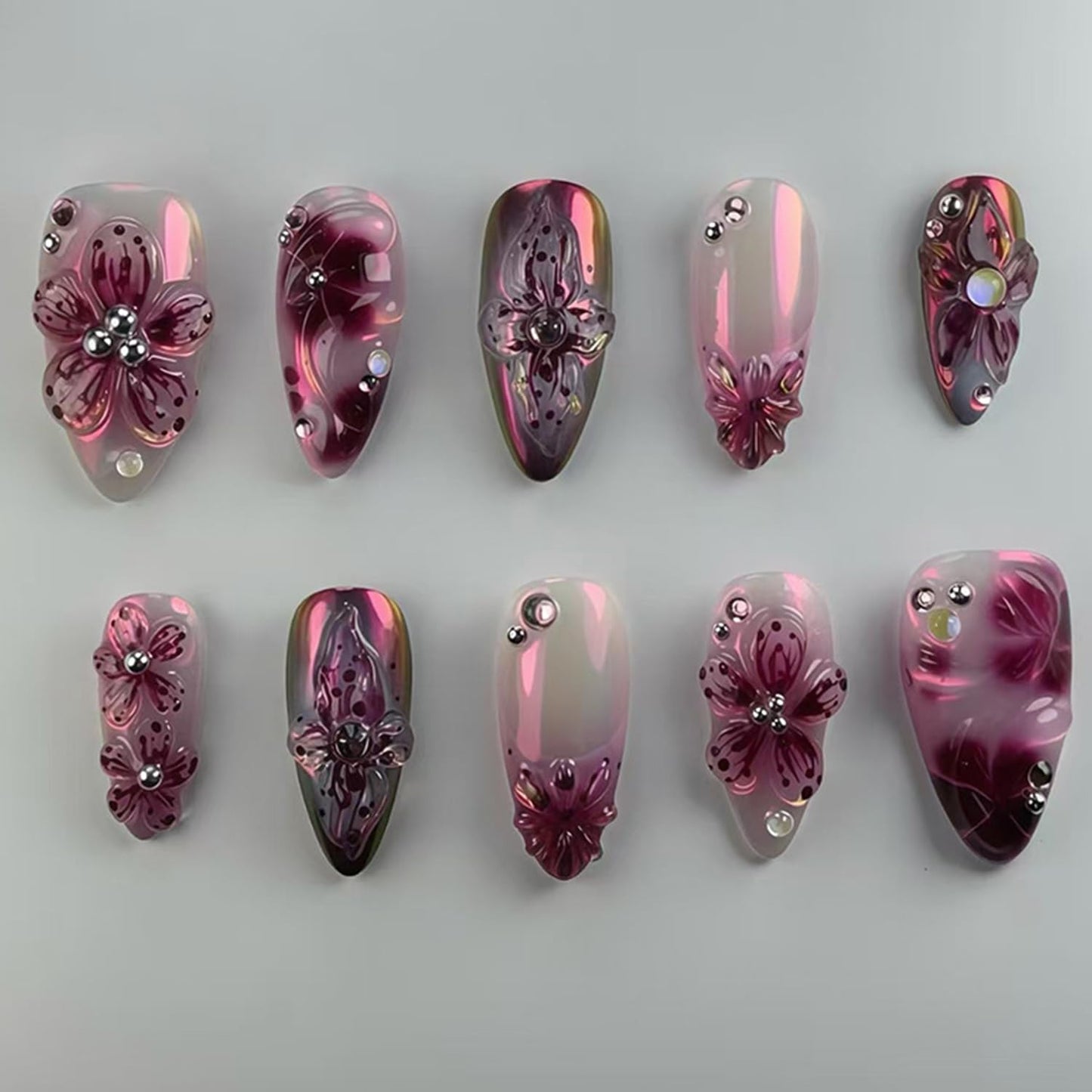 Flower Press on Nails Medium Almond Artificial Acrylic False Nails French Gradient Floral with Rhinestones Design Stick on Nail Full Cover Reusable Coffin Artificial Fingernails for Women Manicure