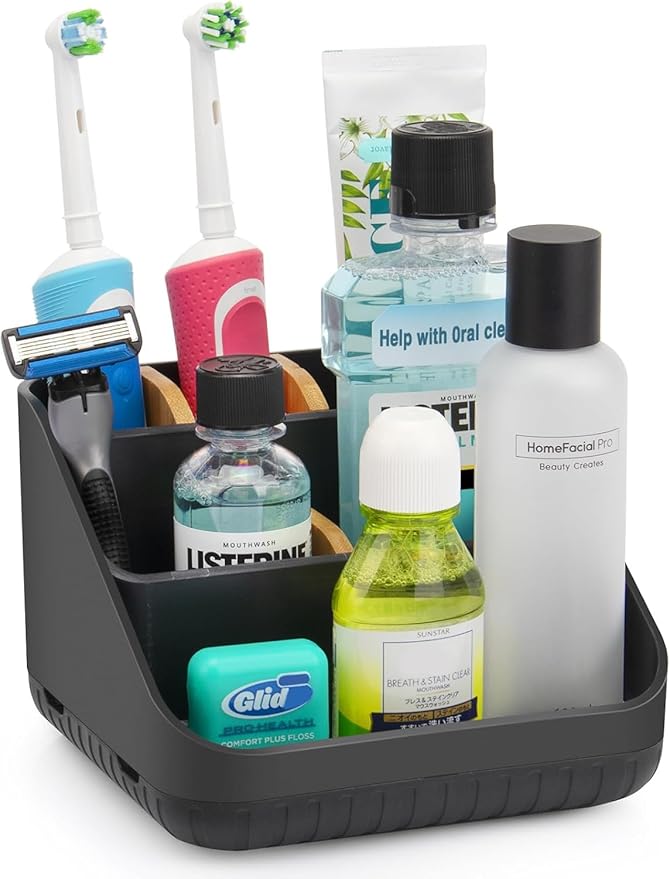 Chintu Toothbrush Holders Bathroom Countertop Organizer-Electric Tooth Brushing Holder 6 Slots Toothbrush Caddy for Counter Organization Kids Family Toothpaste Holder for Vanity Storage Black