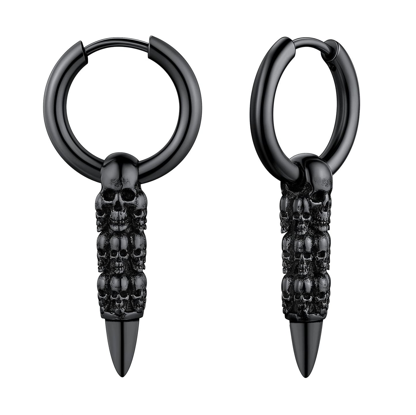 Black Skull Huggie Hoop Earrings Punk Gothic Dangle Skull Bullet Earring for Men Halloween Jewelry