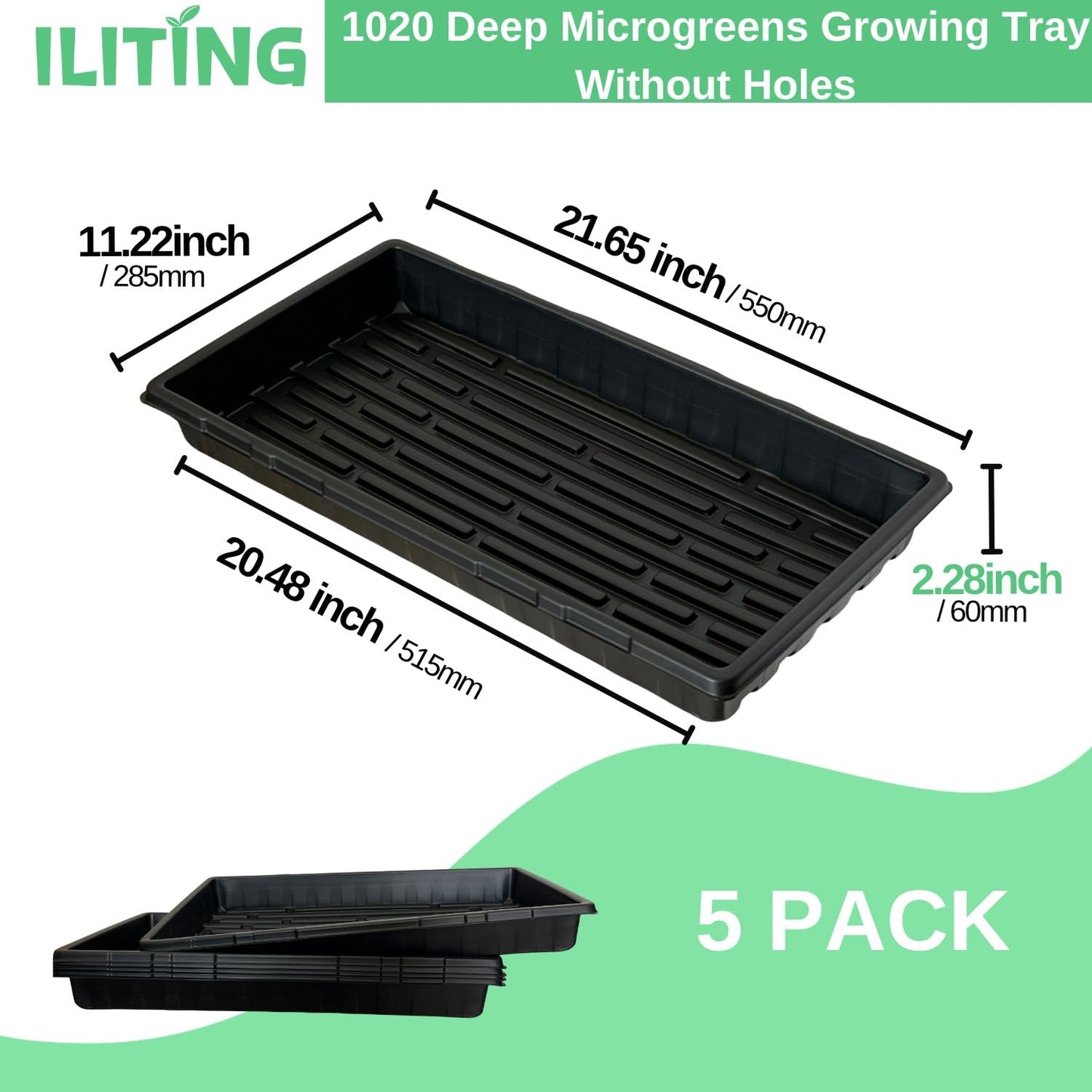 ILITING Standard 1020 Tray Sturdy Plant Growing Trays Plastic Seed Starter Tray for Microgreens Heavy Duty Seedling Trays No Drainage Holes 5 Pack