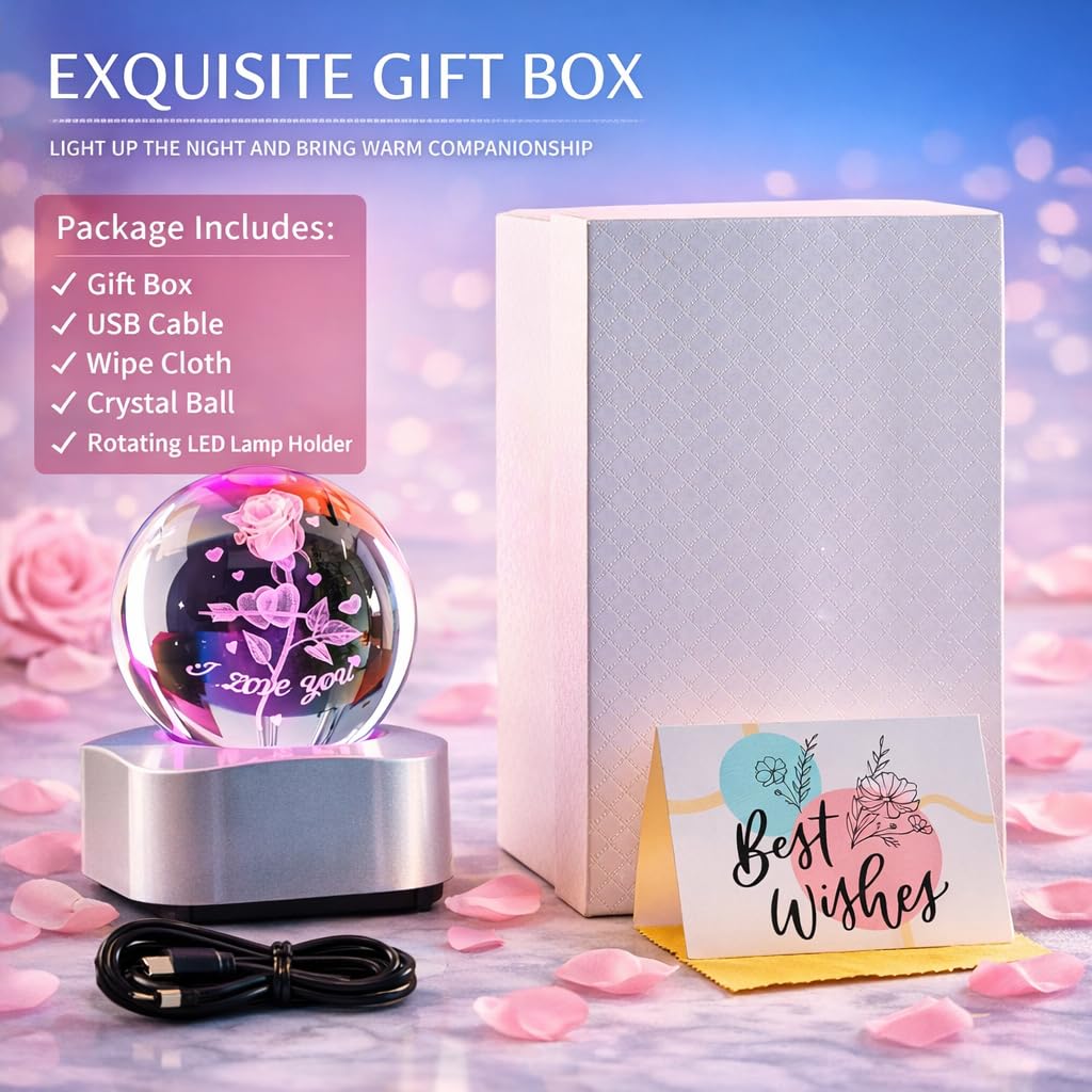 Zerelys Valentine’s Day Romantic Gift for Him Her -3D Rose Crystal Night Light Gifts for Girlfriend Wife Husband Couples Wedding Anniversary Birthday Keepsake with Automatic Rotating Light Led Base