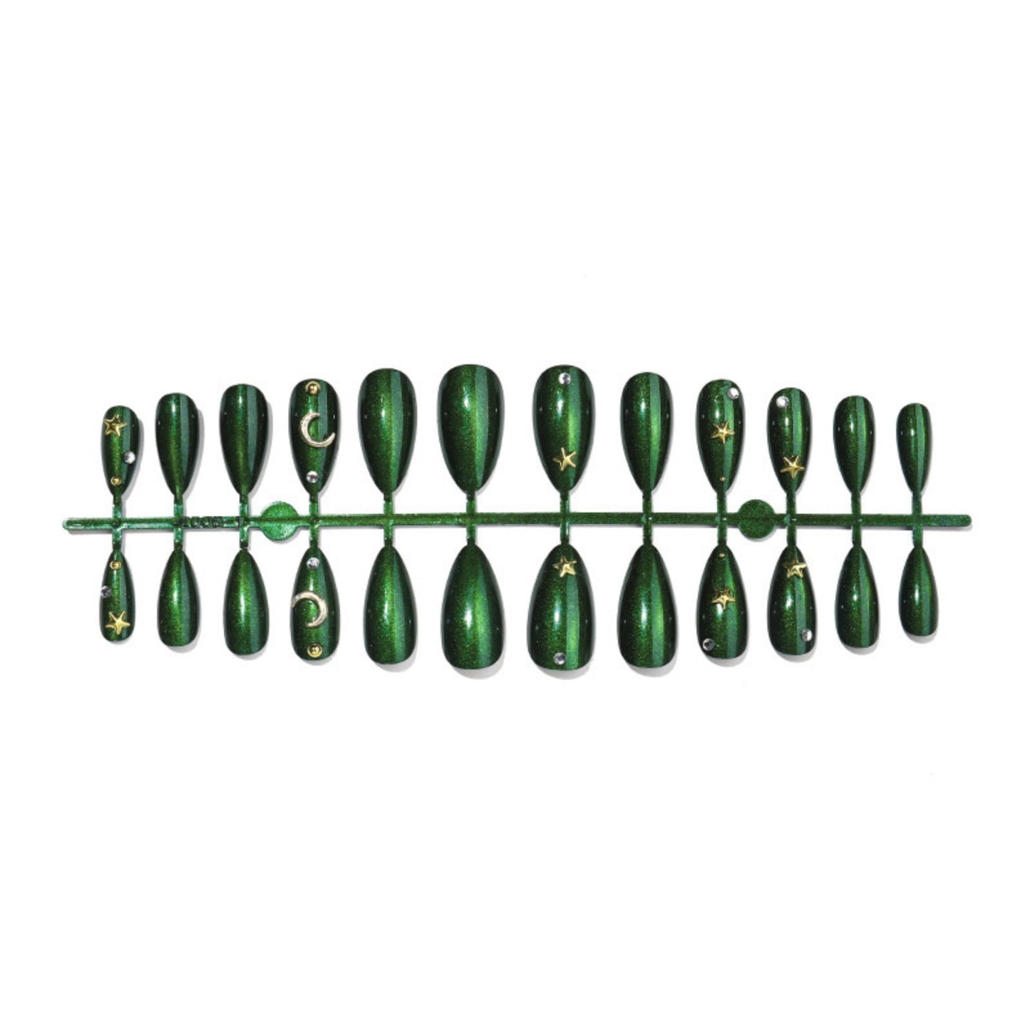 Long Press on Nails Almond Fake Nails Green Artificial Nail Cat eyeand Gold Moon Designs Cute Stick on Nail for Women 24pcs