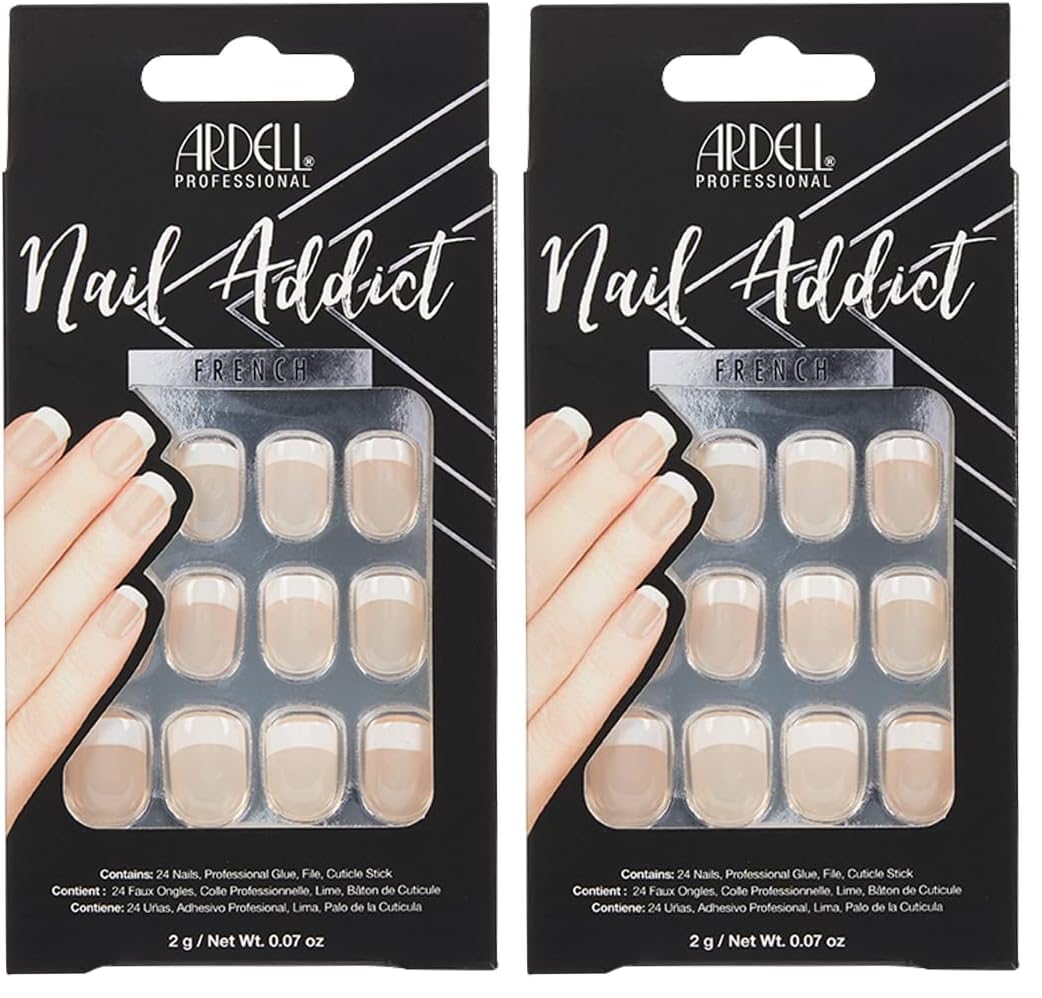 Ardell Nail Addict Press On Nails Artificial Nail Kit - Classic French Tips, Reusable Acrylic Fake Nails, 24 Nails (Pack of 2)