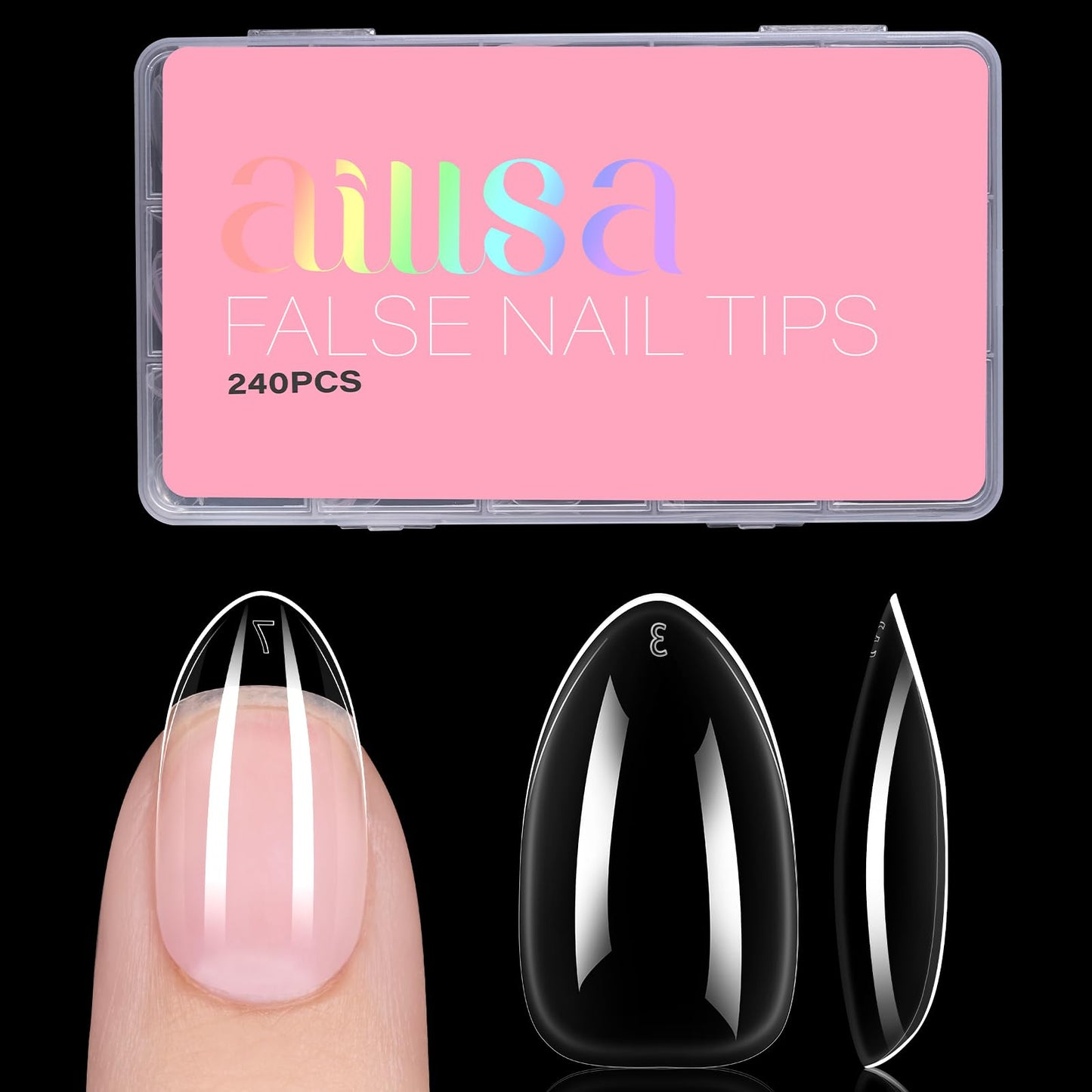 AILLSA Short Almond Nail Tips, 15 Sizes 240PCS Preshaped Soft Clear Gel Nails Tips Full Cover False Nails Tip Short Almond Shaped Tips