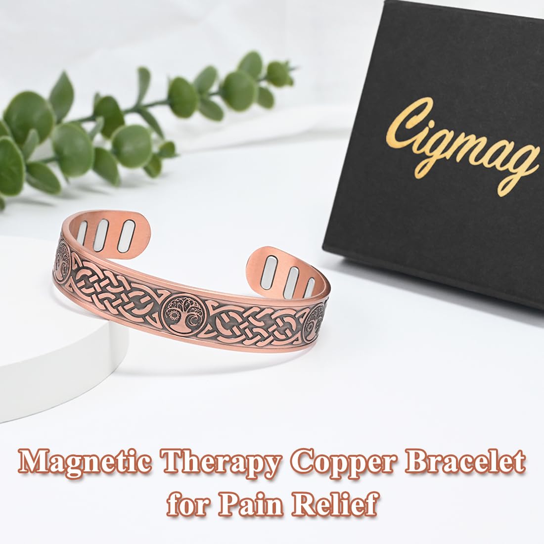 Cigmag Copper Magnetic Bracelet for Men, with Powerful 9X 5000 Gauss Magnets, Adjustable Solid Pure Copper (Sun Moon Life Tree)