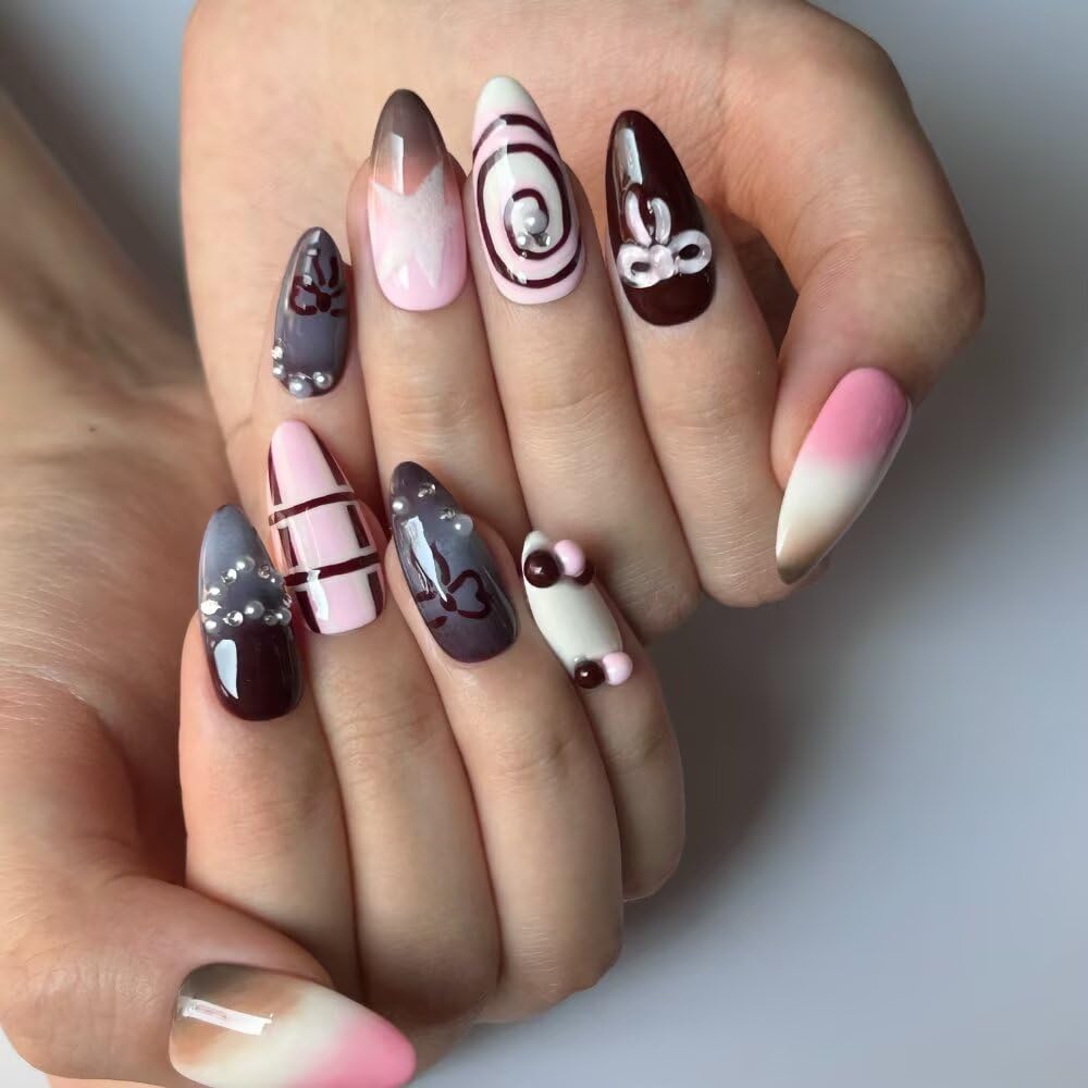 10Pcs Spring Summer Press on Nails Almond Shape False Nails with Bow Design Medium Length Fake Nails Handmade Nails Press On 3D Star Fake Nails Reusable Nails for Women (Size M)