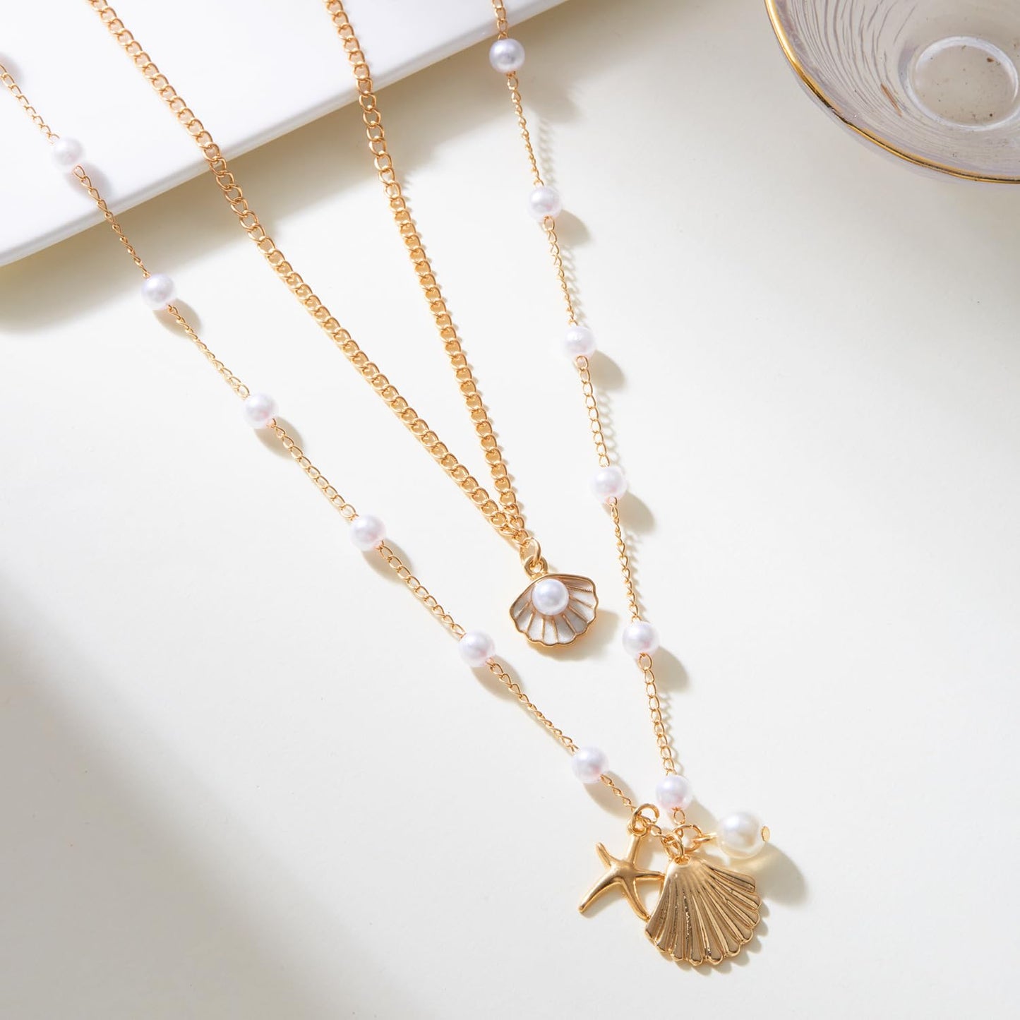 Cicod Starfish Necklace Gold SeaShell Charm Necklaces Boho Layered Conch Turtles Sea Shell Necklaces Summer Beach Jewelry for Women (White)
