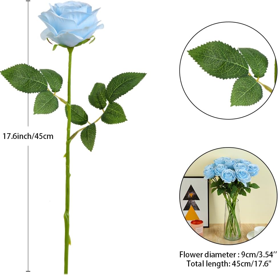 12pcs Roses Artificial Flowers Fake Roses Blue Silk Roses Flowers Rose with Long Stems for Wedding Home Party Centerpieces Decorations