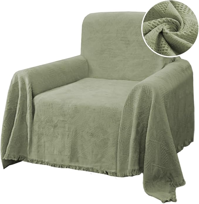 H.VERSAILTEX Cotton Sofa Covers Couch Cover Sofa Slipcover for Most Shape Sofas, Feature Thick Woven Jacquard Seamless with Tassels, Multi-Use Decorative for Couch (Medium: 71" x 91", Sage)